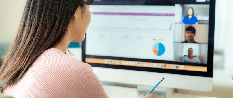 Female business analyst on a Zoom call analyzing new markets