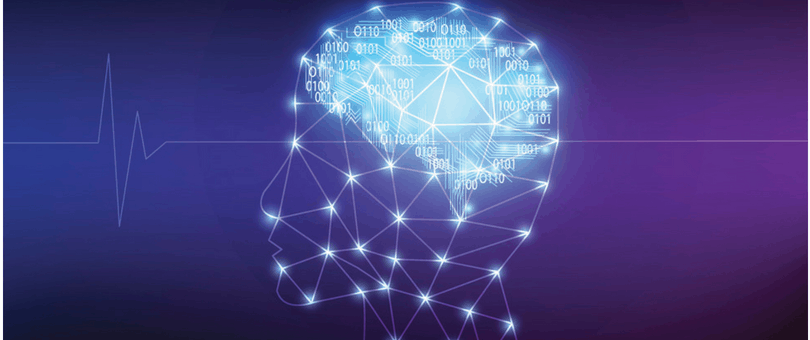 An illustration of human+machine, showing the shape of a human head with circuitry