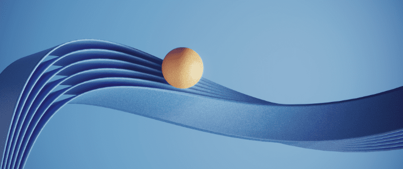 a yellow ball on a blue multilane flexible track to sympoblize Frank DeMaria's flexibility